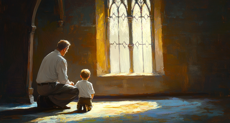 A father kneels with his child in a church, evoking hope and the value of special needs resources.