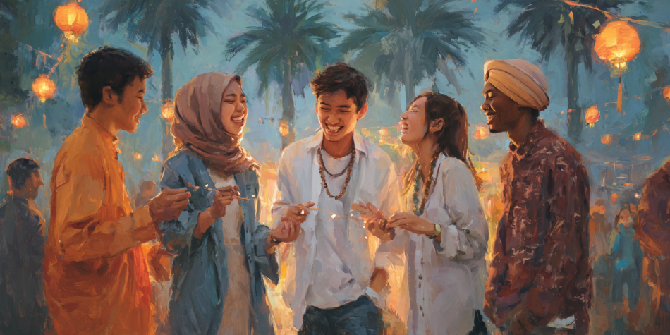 Southeast Asian young adults in diverse religious attire joyfully prepare lanterns in a city square, highlighting unity in interfaith dialogue.