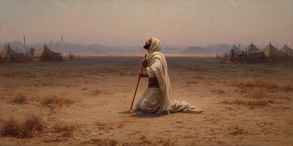 Abraham prays alone in the wilderness, visually portraying God’s staggering faithfulness in the Abrahamic covenant.