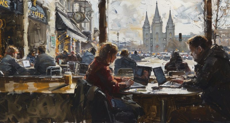 A journalist immersed in digital dialogue contrasts sharply with the reality of religious life, highlighting the vastly different perspectives of faith in the modern age.