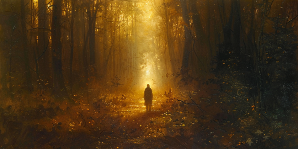 A person steps from a dark forest into a sunlit clearing, symbolizing how moral law leads to freedom.