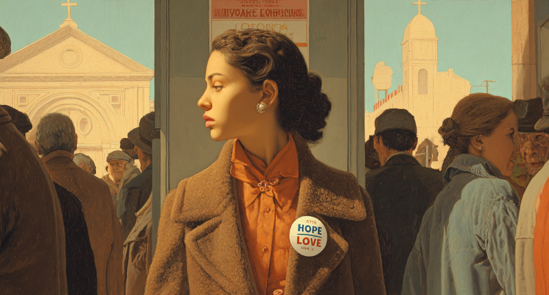 A woman prepares for a political gathering with a “Hope & Love” pin, showing how she has recast sacred ideals as partisan identity.