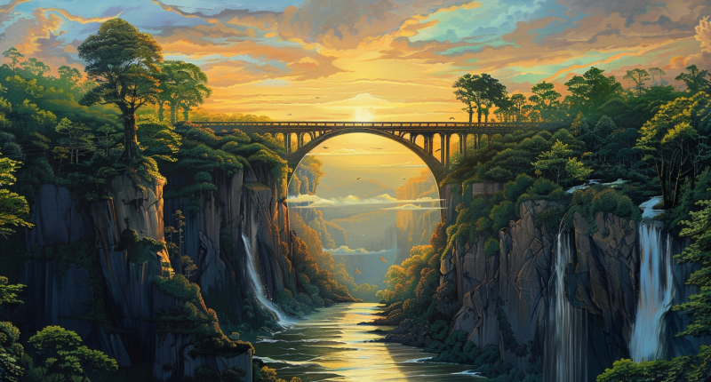 A majestic bridge spanning a vast chasm, symbolizing the connection between science and religion.