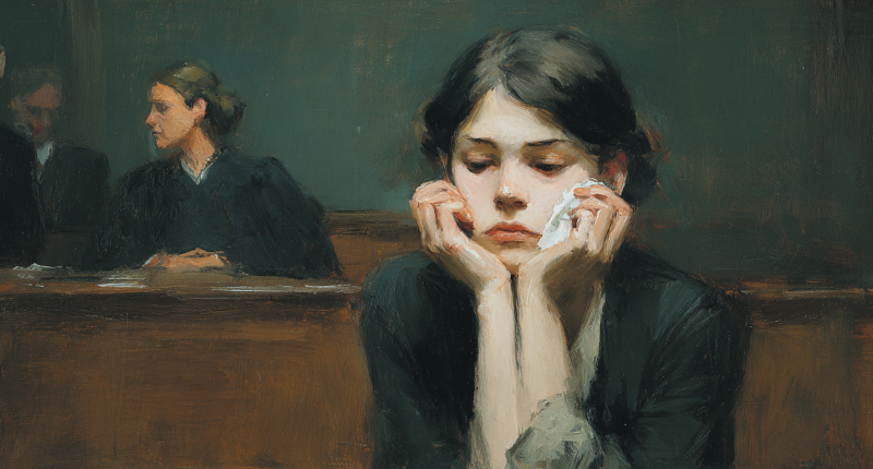 A grieving woman sits in a courtroom during the sentencing connected to the Moscow, Idaho, murders, capturing the raw emotion and distance between victims and offender.