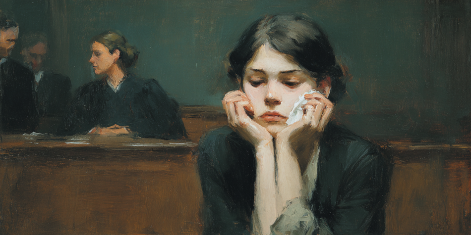 A grieving woman sits in a courtroom during the sentencing connected to the Moscow, Idaho, murders, capturing the raw emotion and distance between victims and offender.