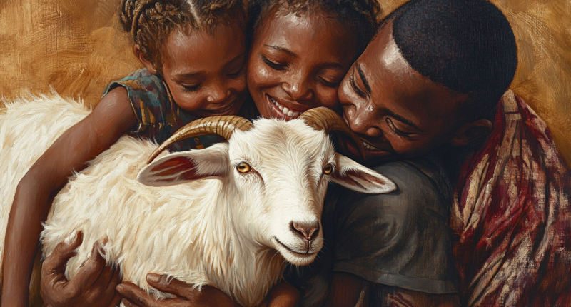 A Kenyan family holds a goat, showing the Giving Machine's life-changing impact globally.