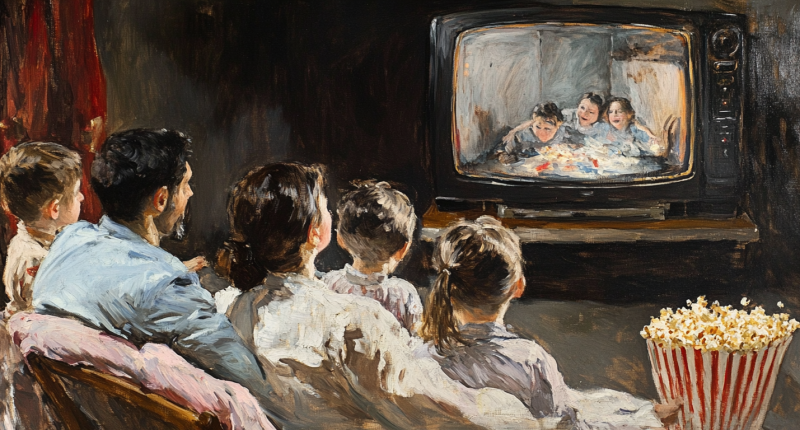 Family with Popcorn Watching an Old TV | Public Square Magazine | Mormon Stereotypes | Stereotypes About Mormon Families