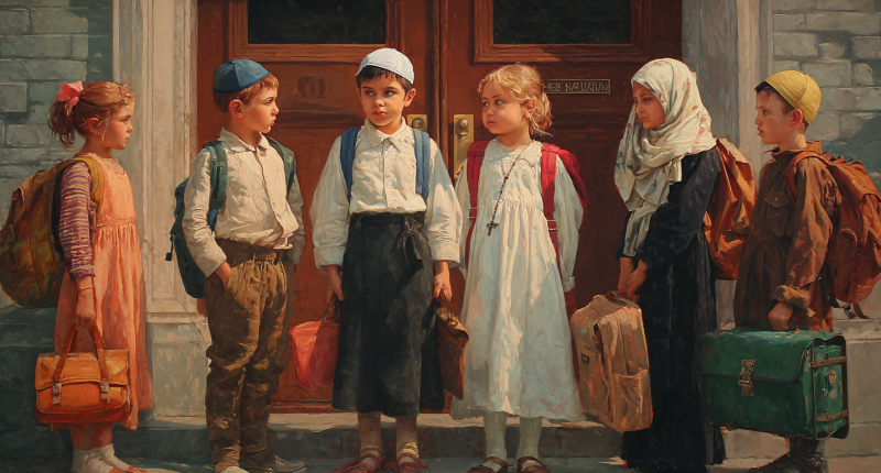 Children in diverse religious dress outside a public school capture the stakes of freedom of religion in education.