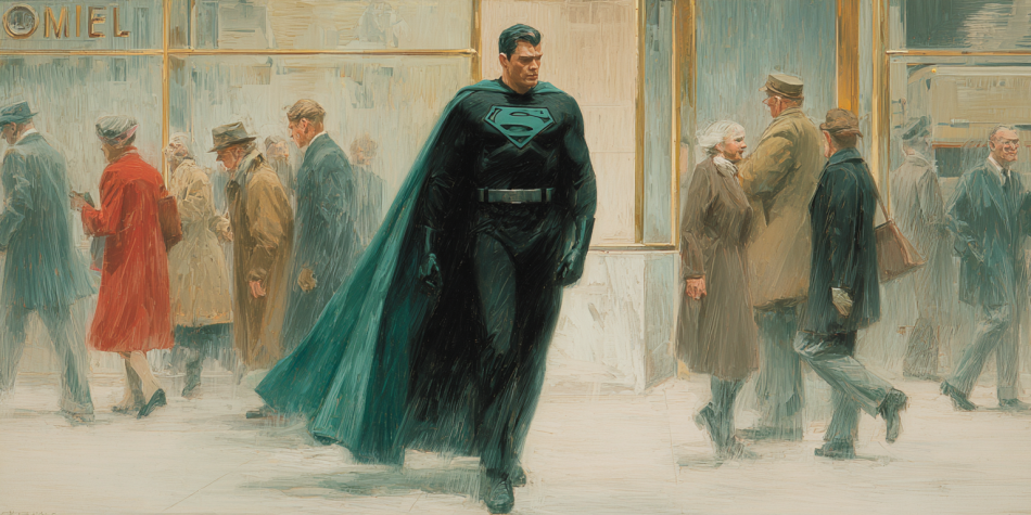 A modern superhero stands ignored on a busy street, illustrating waning cultural belief in origin stories within superhero films.