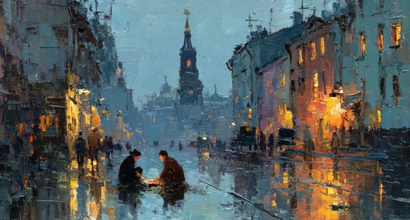 Neighbors quietly repair damage outside a bright chapel, reflecting calls for peace at the October 2025 General Conference.