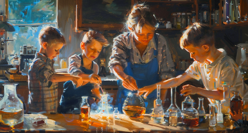 A mother engages in educational activities with her children, highlighting the role of education in motherhood viability.