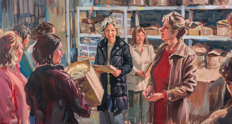 Woman leading volunteers to end world hunger.