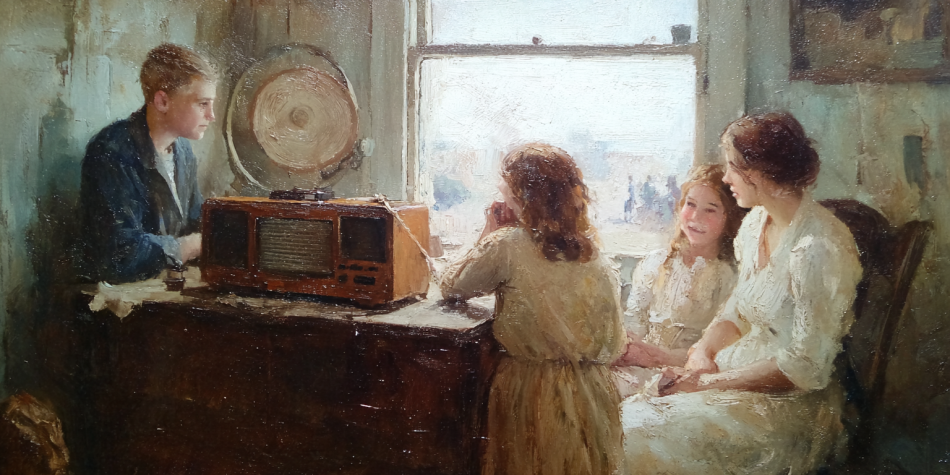 A family listens to a broadcast during the Dust Bowl era, evoking the enduring voice of the tabernacle choir across generations.