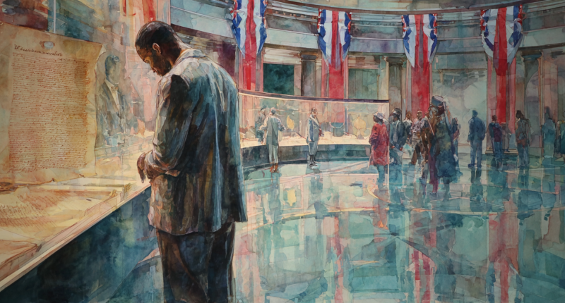 Contemporary visitors at the National Archives gather near a historic document and anniversary banner, reflecting america 250, declaration remembrance.