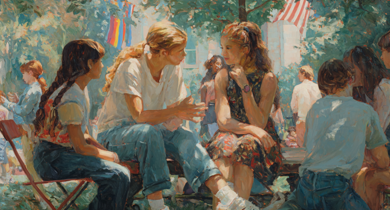 A small group listens to a friend speak in a park as a Pride Month celebration takes place int he background.