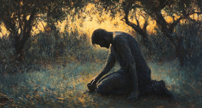 A figure clutches a cup in a dark grove, evoking Christ’s suffering and the question of Why God Allows Suffering.