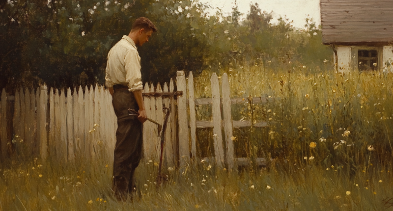 A man repairs a fence for a neighbor, his quiet labor embodying the healing power of service amid faith and doubt