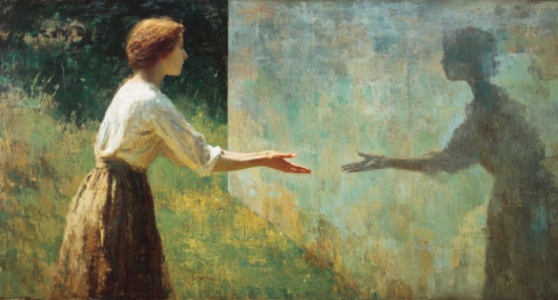 A woman reaches out in empathy to her own, shaded reflection, symbolizing empathy without knowledge.