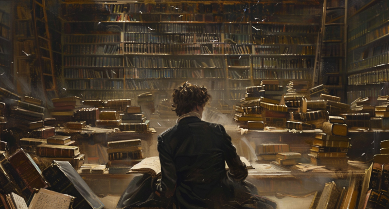 A historian engrossed in a book, overlooking the chaos in a vast library, symbolizing the theme of historical determinism.