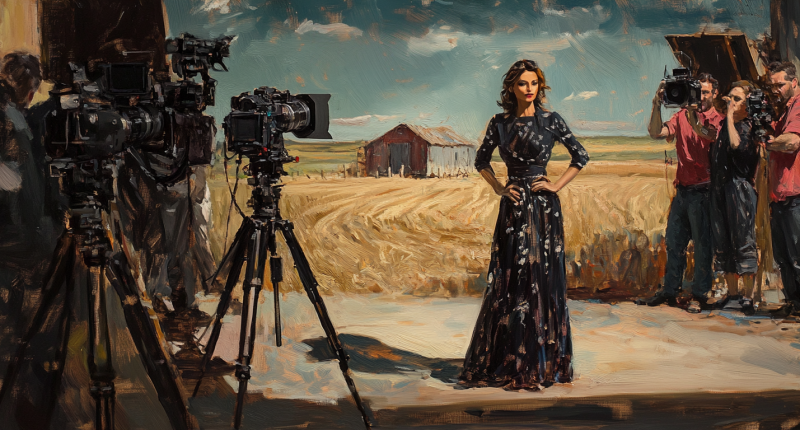 Photoshoot of a Trad Wife Influencer Wearing a Black Dress w/ a Homestead Backdrop | Trad Wife Influencer Controversy