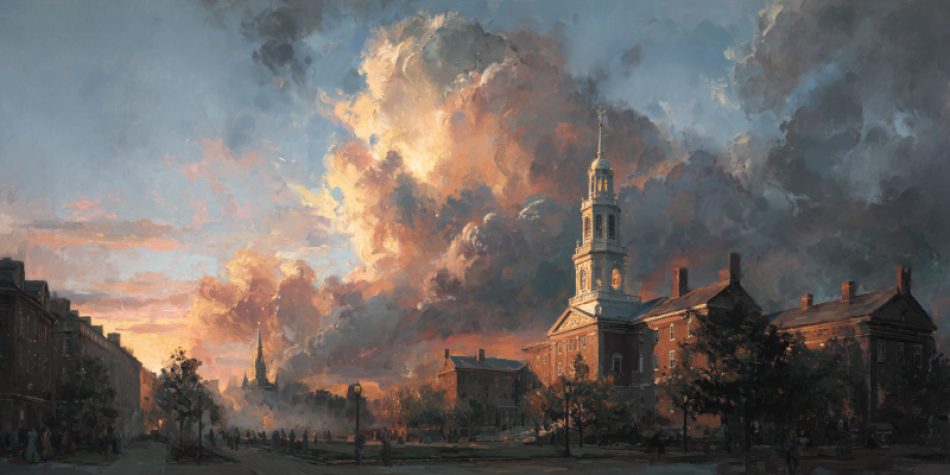 Dark clouds loom over Independence Hall with light shining on the Constitution for Constitution Day.