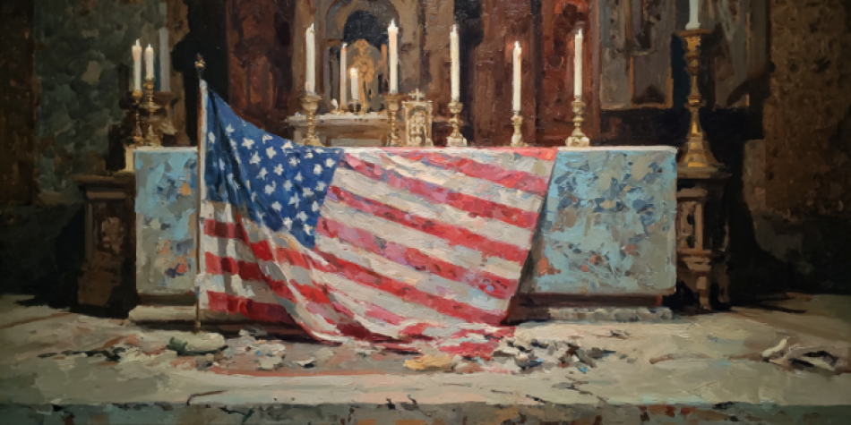 Christian nationalism is symbolized by the American flag replacing sacred symbols in a church, showing faith overtaken by politics.