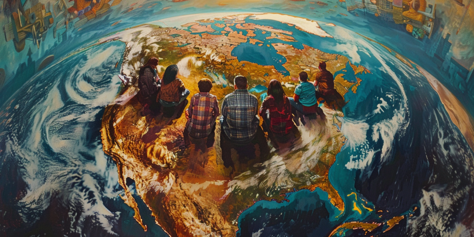 A globe highlighting North America with people kneeling in a prayer circle, representing the idea that Jesus can heal America through prayer