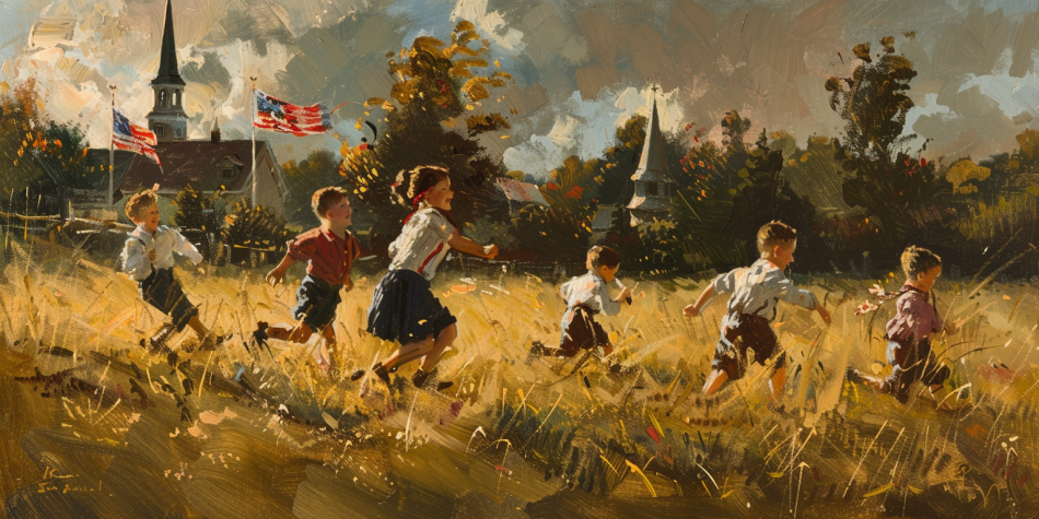 Children playing with American flags, representing LDS faith and patriotism amid Christian Nationalism.