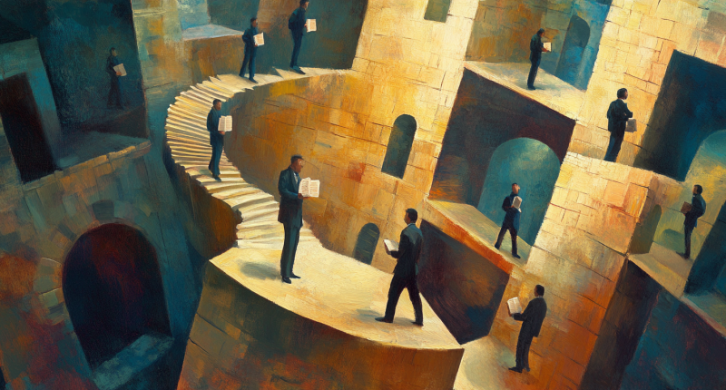 Builders consult different plans in silence, capturing the subtle confusion of semantic ambiguity.