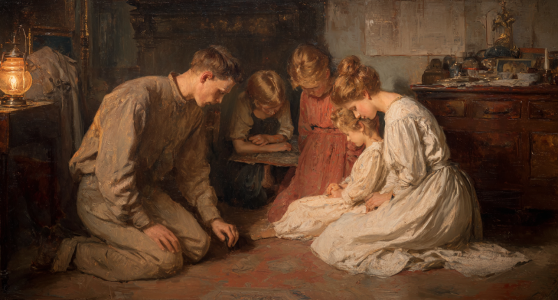 A family kneels in prayer by lamplight, reflecting russell m nelson’s call to peace through devotion and unity.