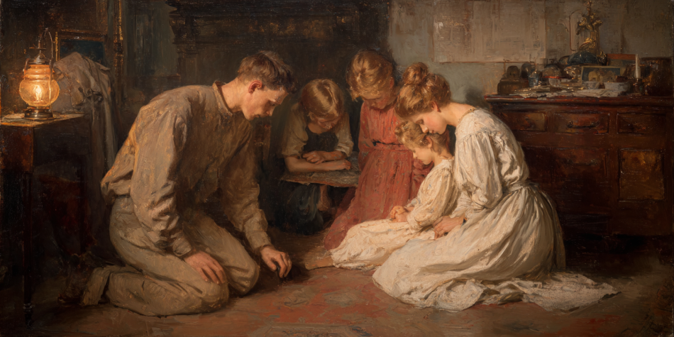 A family kneels in prayer by lamplight, reflecting russell m nelson’s call to peace through devotion and unity.