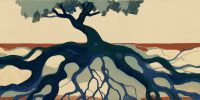 A tree with prominent underground roots evokes the foundations of belief during a faith crisis.