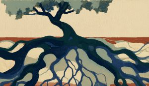 A tree with prominent underground roots evokes the foundations of belief during a faith crisis.