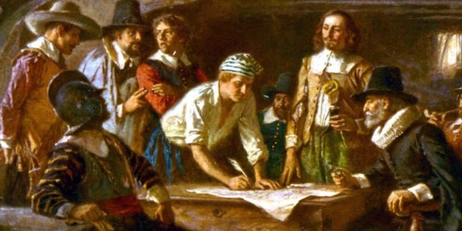 A group of Pilgrims gathers aboard the Mayflower to sign the compact. The image represents one of the earliest forms of American democratic agreement, highlighting the importance of compromise in politics in establishing a governance framework.
