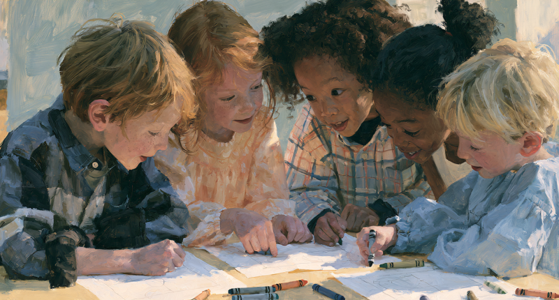 Elementary students smile while working on an art project.