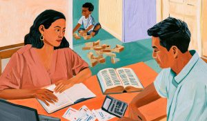 Parents discuss tithing and their family budget while a child plays nearby.