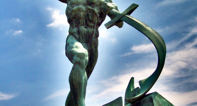 Oxidized Bronze Swords to Ploughshares Sculpture | Beating Ploughshares Into Swords | Public Square Magazine | Beat Plowshares into Swords | Ploughshares into Swords