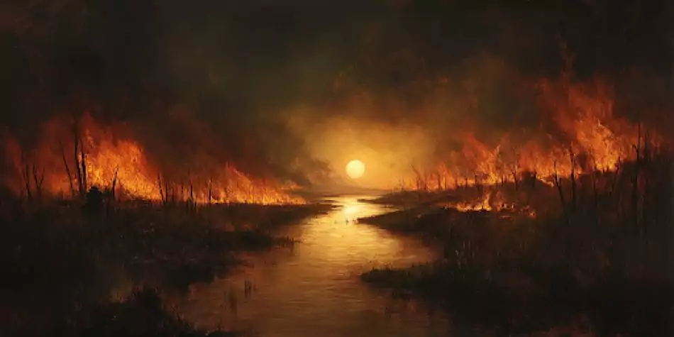 A river runs calmly through a burning landscape, representing how moderate political views can remain steady amid turmoil.