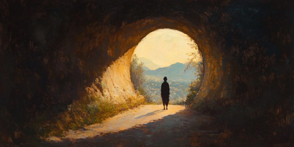 A figure emerges into the light from a dark tunnel, reflecting how God's love brings mental health recovery.