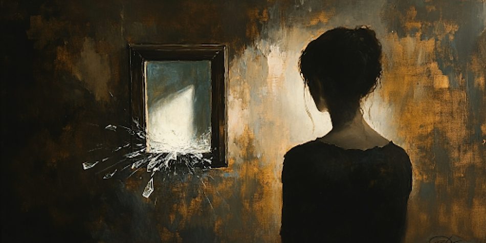 A figure reflecting on their fragmented self during pornography addiction recovery, symbolizing the challenge of reclaiming a true sense of identity.