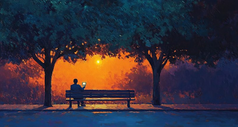 A person engages with a digital companion on a park bench, highlighting the emotional gap created by artificial relationships.