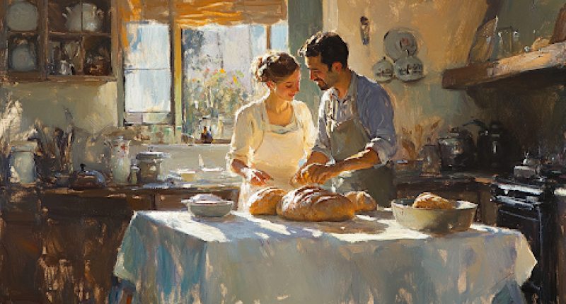 Young Happy Couple Slicing Bread Loaves in Sunlit Kitchen | God's Meaning of Sanctification | Intimate Relationships