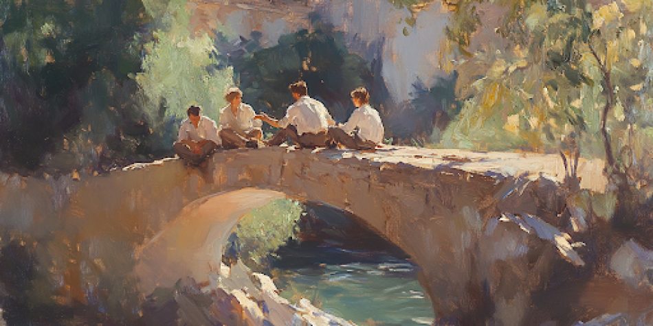 A bridge scene showcasing dialogue and the conciliatory strength of Latter-day Saint voices in fostering unity.