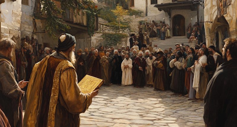 A scholar studies golden plates among ancient books, representing the connection between Nietzsche and Book of Mormon ideas.