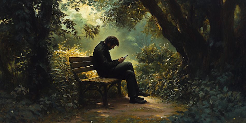 A figure absorbed by technology, ignoring nature, symbolizing the extinction of experience in modern life.