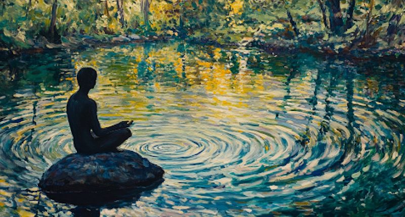 A person calmly sitting by a river, symbolizing controlling anger through mindful breathing and emotional reflection.