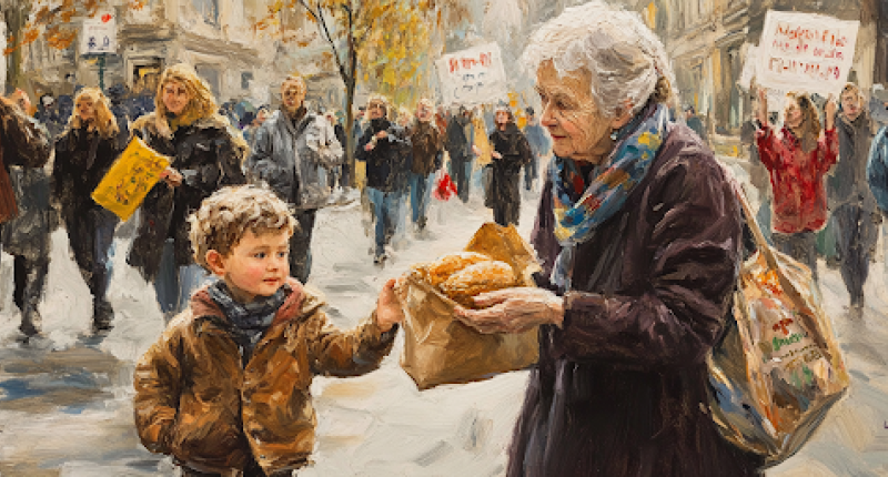 A woman’s quiet kindness contrasts with political fervor, echoing The Peacegiver’s lesson that true change comes through love, not slogans.