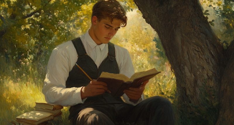 A young man studies scripture under a tree, his thoughtful expression reflecting the mental wrestling of faith and doubt