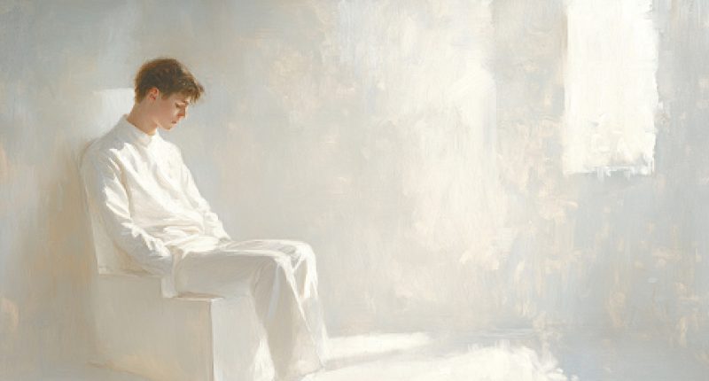 A man sits peacefully in a quiet, light-filled room, evoking spiritual stillness and sexual minority healing.
