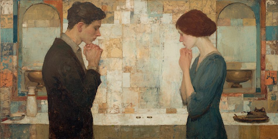 A couple prays separately with wedding rings behind them, representing distorted priorities in Christian marriage counseling.